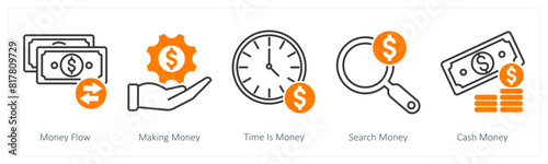 A set of 5 Banking icons as money flow, money making, time is money