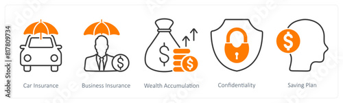 A set of 5 Banking icons as car insurance, business insurance, wealth accumulation
