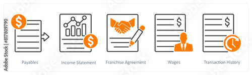 A set of 5 Banking icons as payables, income statement, franchise agreement