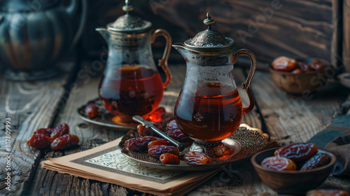 Tasty Turkish tea with dates Koran and tasbih on table