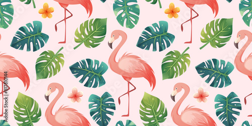 Seamless tropical pattern with monstera leaves, pink flamingo and flowers. Summer pattern in pink and green colors