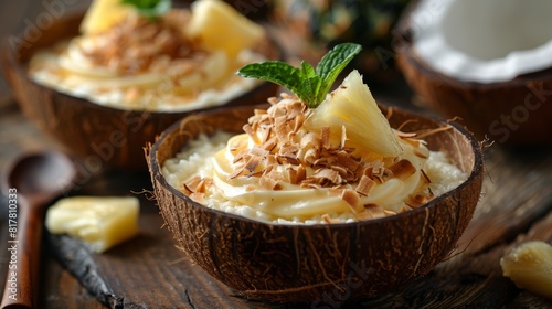 tropical coconut pudding, coconut pudding with toasted flakes pineapple in a coconut shell bowl is a refreshing tropical summer dessert