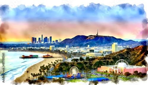 watercolor painting featuring significant landmarks of Los Angeles, including the Hollywood Sign, Griffith Observatory, Los Angeles skyline, and Santa Monica Pier.