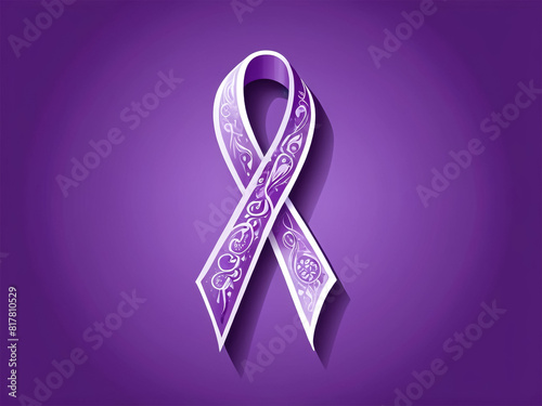3D-rendered awareness ribbon in shades of purple on solid background