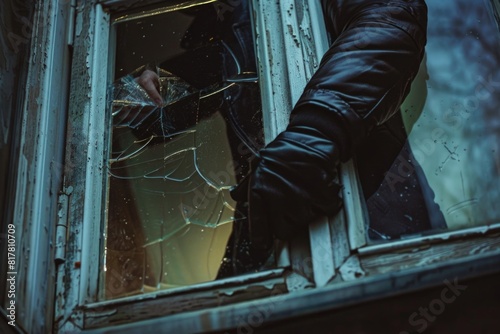Person in black jacket looking out of a broken window. Suitable for various concepts and themes