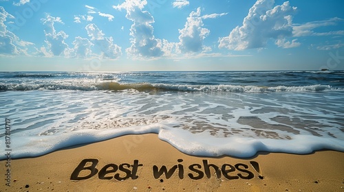 A picturesque beach scene with "Best wishes!" carved in large letters into the golden sand, waves gently lapping nearby 