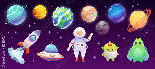 Set of space characters, planets and spaceships. Vector illustration for children and games