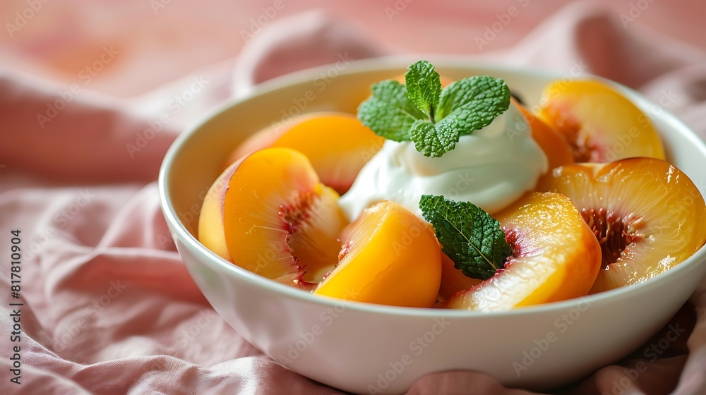 Fresh peach dessert with whipped cream and mint garnish Fresh peach dessert with whipped cream and mint garnish