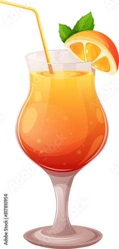 Summer cocktail on the beach. Glass of drink with orange, mint and straw. Isolated vector icon