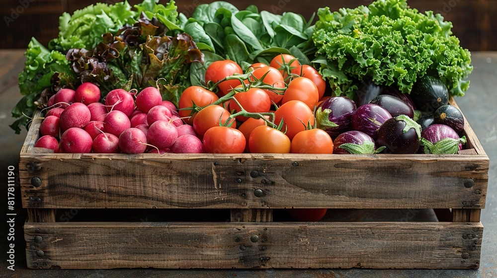 A crate of fresh vegetables, including tomatoes, radishes, lettuce, spinach, kale, and eggplant. The vegetables are arranged in a visually appealing way. A crate of fresh vegetables, including tomatoes, radishes, lettuce, spinach, kale, and eggplant. The vegetables are arranged in a visually appealing way.