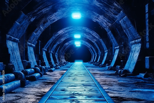 A long, narrow tunnel with blue lights shining on the walls. photo