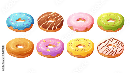 Set of yummy donuts with colorful glaze. Vector illustration of bakery, desserts, food