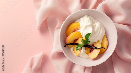Peach dessert with whipped cream, vanilla bean, and mint leaves