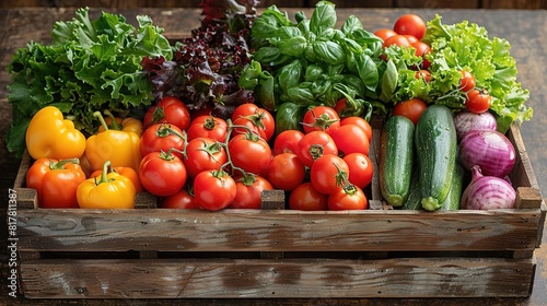 A crate of fresh  organic vegetables  including tomatoes  peppers  cucumbers  and lettuce
