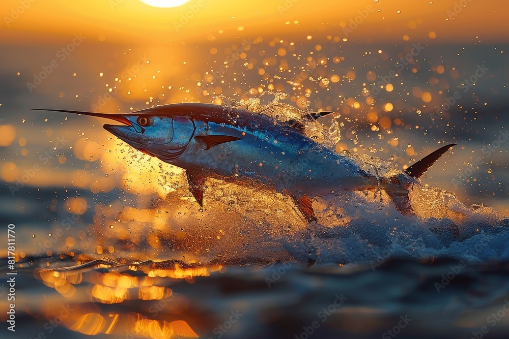 Swordfish leaping out of the ocean, ideal for seafood restaurant promotions. Swordfish leaping out of the ocean, ideal for seafood restaurant promotions.
