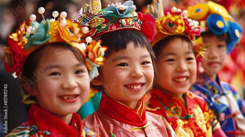 Joyful Chinese children parading through the streets in colorful costumes, spreading happiness and cheer for the new year ahead.