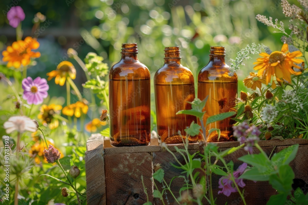Three brown glass bottles sitting on a wooden box, suitable for home decor projects Three brown glass bottles sitting on a wooden box, suitable for home decor projects