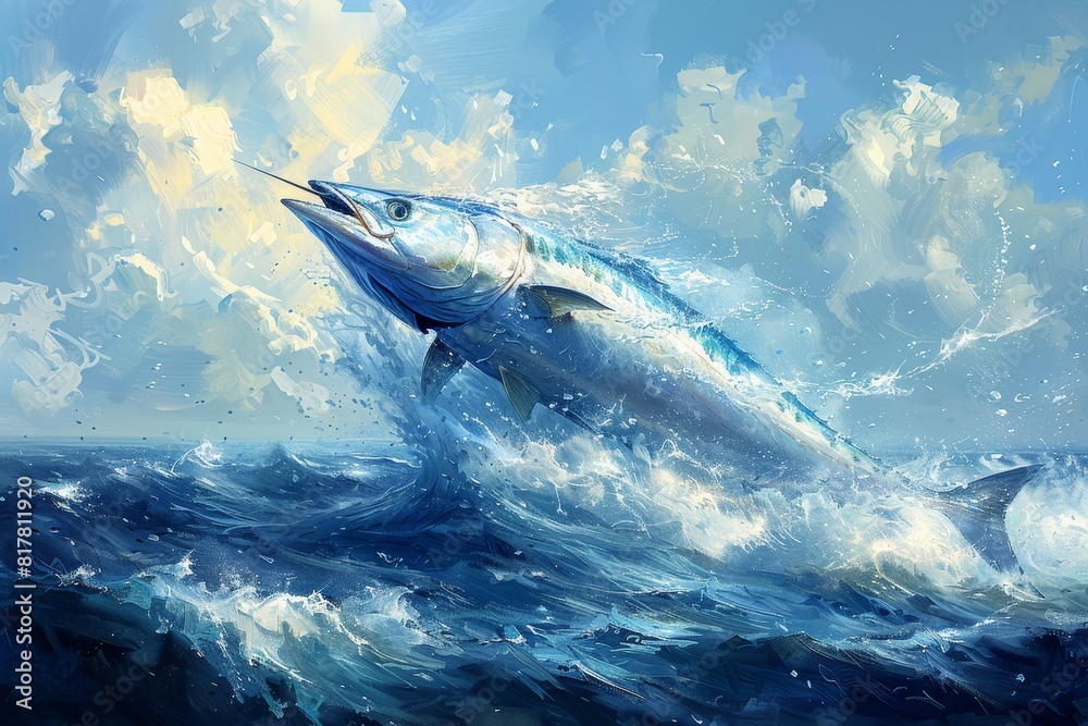 Fototapeta premium Swordfish leaping out of the ocean, ideal for seafood restaurant promotions. 