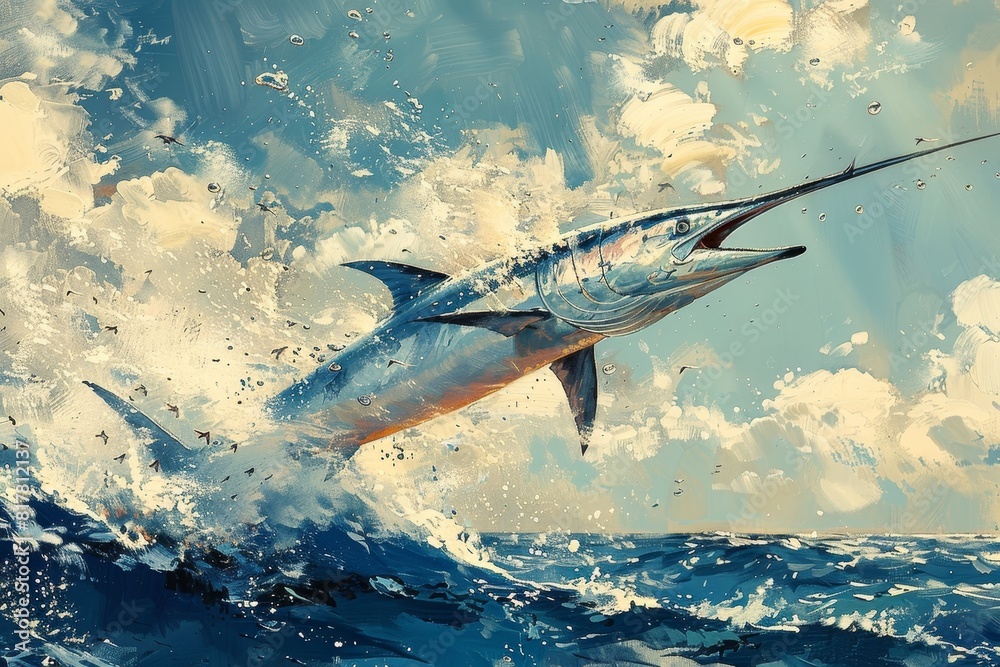 Naklejka premium Swordfish leaping out of the ocean, ideal for seafood restaurant promotions. 