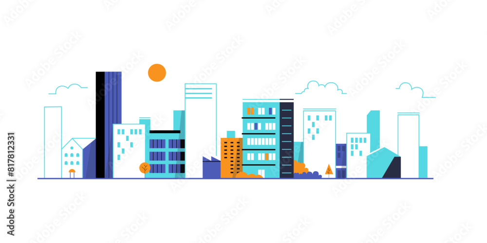 City landscape with buildings. Outline graphic. City landscape with buildings. Outline graphic.