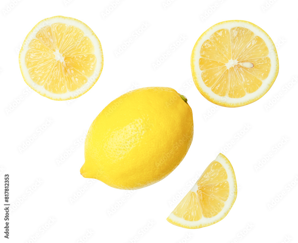 Top view set of beautiful yellow lemon fruit with half and slices or quarters isolated on white background with clipping path Top view set of beautiful yellow lemon fruit with half and slices or quarters isolated on white background with clipping path