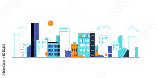 City landscape with buildings. Outline graphic.