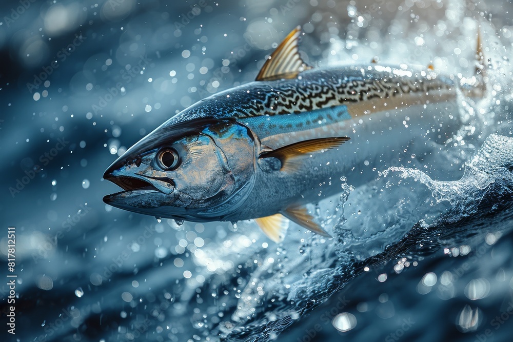 Swordfish leaping out of the ocean, ideal for seafood restaurant promotions. 