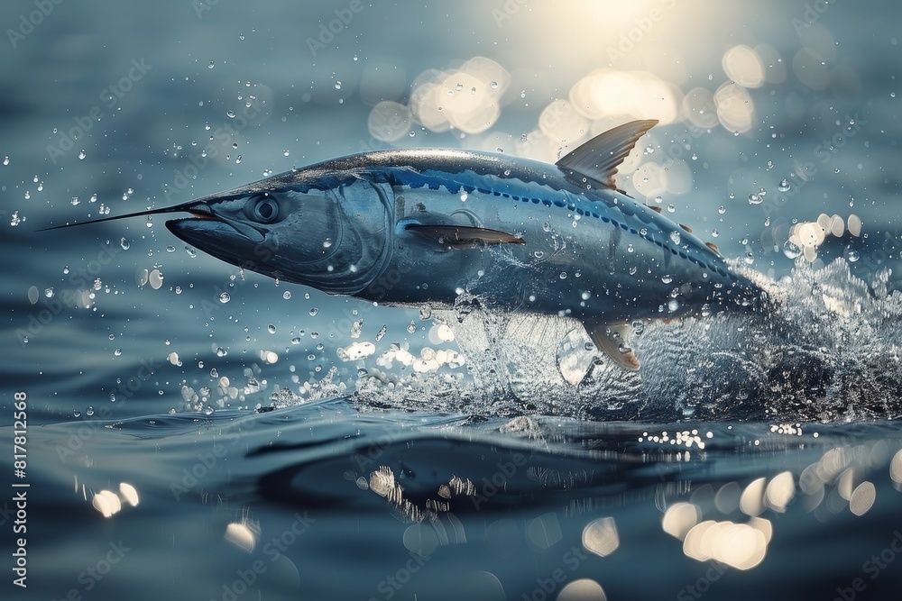 Swordfish leaping out of the ocean, ideal for seafood restaurant promotions. 