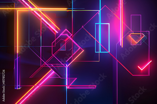 Bold neon abstract composition with bright lines and geometric shapes. Striking artwork on black background.