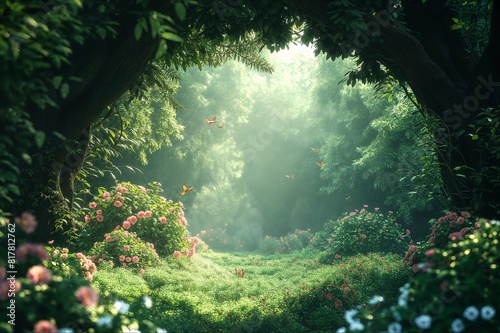Fototapeta Naklejka Na Ścianę i Meble -  Mystical forest pathway under a sunlight canopy