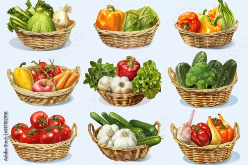 Various types of vegetables displayed in baskets  ideal for food and agriculture concepts