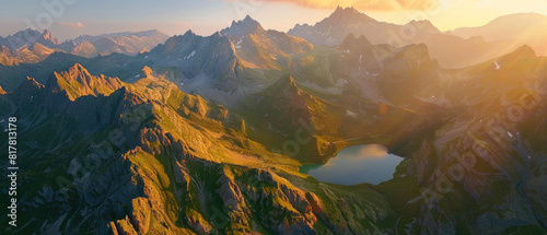 A panoramic view of the Rosomepeau mountain range in France, bathed in golden sunlight. The rugged peaks rise majestically above lush green valleys and alpine lakes