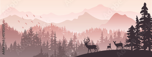 Horizontal banner. Silhouette of deer, doe, fawn standing on hill, forest and mountains in background. Magical misty landscape, fog. Violet illustration. Background.