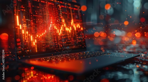 Laptop with glowing red circuit board. Futuristic technology background.