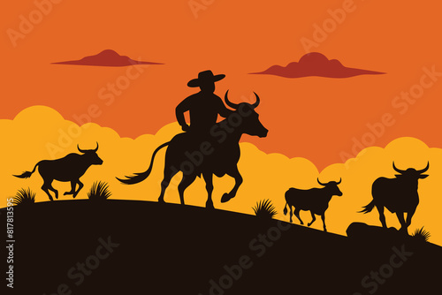 A vector silhouette of a working ranch cowboy herding texas longhorn cows down a hill design