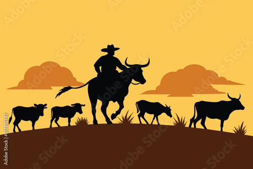 A vector silhouette of a working ranch cowboy herding texas longhorn cows down a hill design