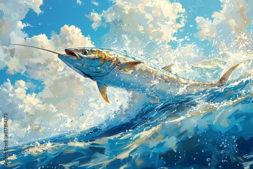 Swordfish leaping out of the ocean, ideal for seafood restaurant promotions. 