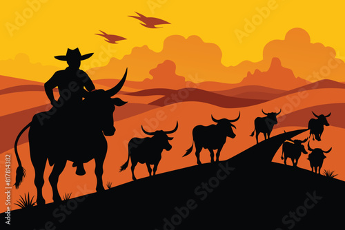 A vector silhouette of a working ranch cowboy herding texas longhorn cows down a hill design