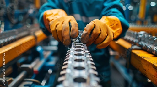 A close-up of a worker's hands, wearing safety gloves, carefully handling metal parts on an assembly line in a manufacturing plant.