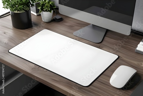 Minimalist White Desk Pad Mockup on Wooden Office Workspace photo