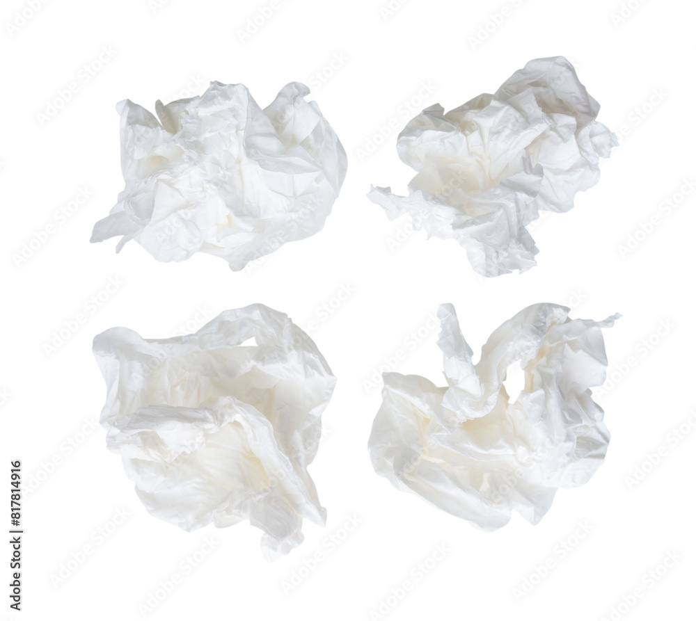 Top view set of white screwed or crumpled tissue paper ball after use in toilet or restroom isolated with clipping path in png file format Top view set of white screwed or crumpled tissue paper ball after use in toilet or restroom isolated with clipping path in png file format