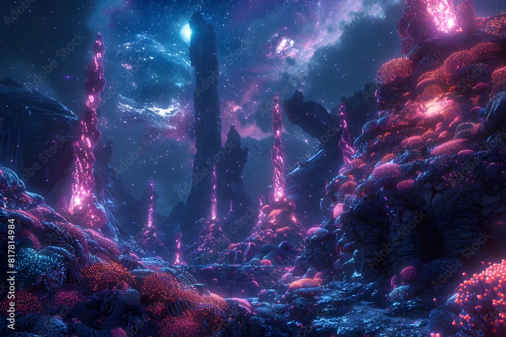 Bioluminescent Alien Landscape with Towering Flora and Unusual Rock Formations