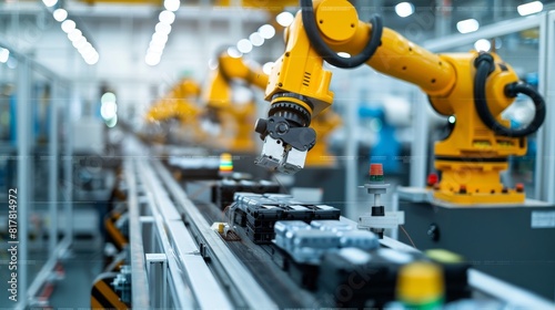 A close-up of robotic arms assembling products on a conveyor belt in a high-tech manufacturing plant  demonstrating automation in the industry.