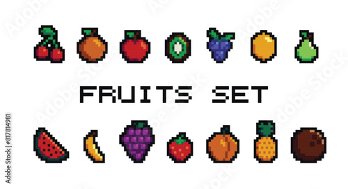 Retro pixel art food isolated icons with 8bit pixel fruits and vegetables. Vintage 8 bit console game asset, computer arcade vector items set with berries and exotic fruits