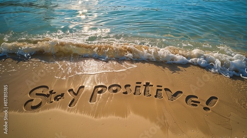 A picturesque beach scene with "Stay positive!" carved in large letters into the golden sand, waves gently lapping nearby