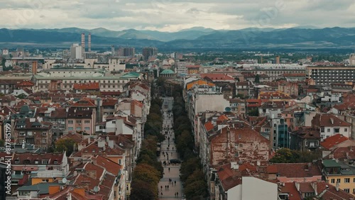 Wallpaper Mural Aerial footage of the pedestrian zone and old buildings in Vitosha Boulevard in Sofia, Bulgaria Torontodigital.ca