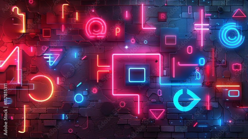 Obraz premium A creative composition of various neon letters and symbols arranged in a visually appealing pattern, ideal for adding a futuristic vibe to designs.
