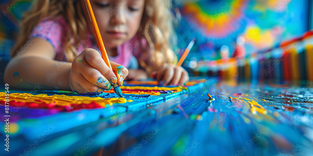 Fototapeta premium Close-up of children painting and drawing at a craft table