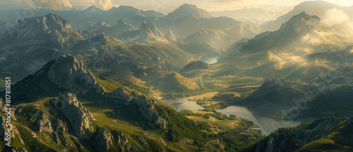 A panoramic view of the Rosomepeau mountain range in France, bathed in golden sunlight. The rugged peaks rise majestically above lush green valleys and alpine lakes photo