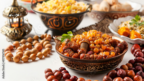 Traditional Eastern dishes prayer beads and Muslim lamp